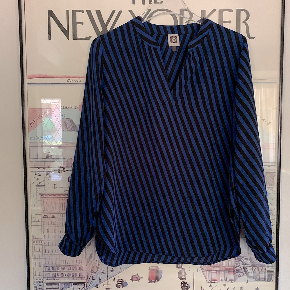 Anne Klein royal blue + black stripe blouse with cuffs and round hem size S